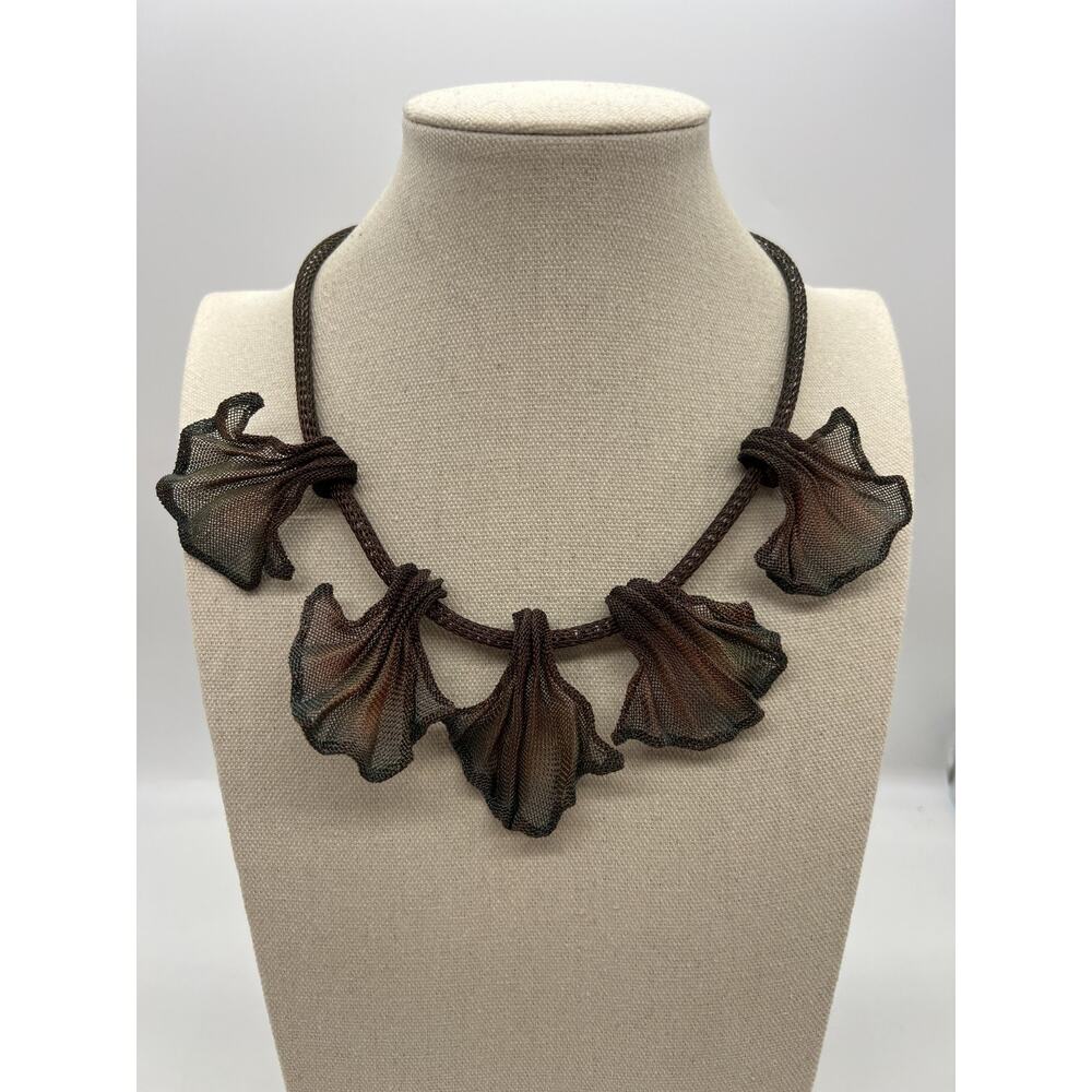 Artisan Mesh Metal Leaf Statement Necklace, Adjustable 15-17.5", Bronze Copper